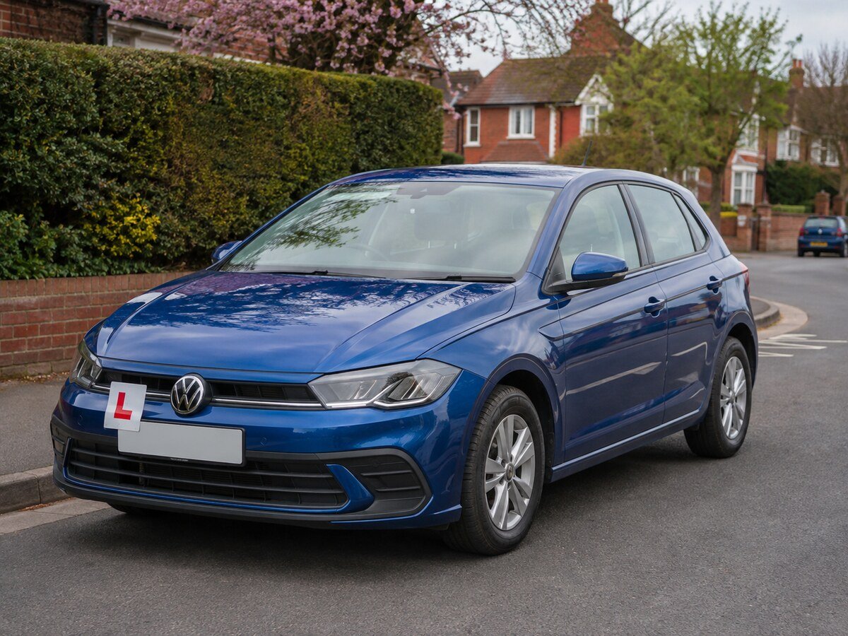 Blue 2024 Volkswagen Polo Life learner car with an L plate in Loughborough
