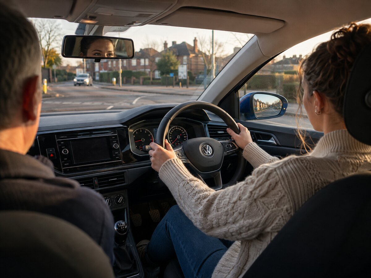 Learner driver checking mirrors and observing a junction during a manual driving lesson in Loughborough